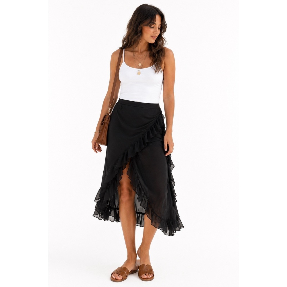 Cider Black Ruffle Midi Skirt Size 2x Asymmetrical High Low Boho Festival Flowy